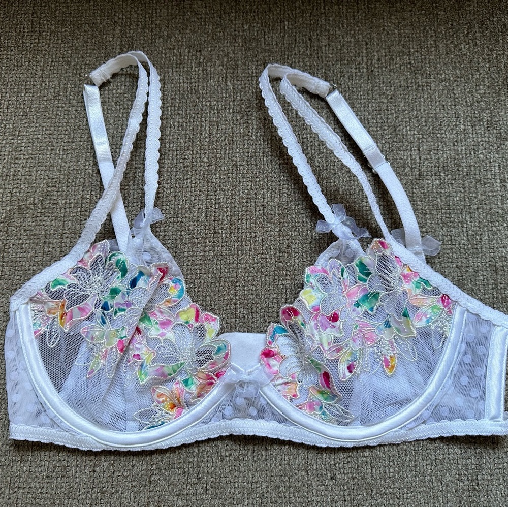 For Love and Lemons Bra White Lace Strappy Multi-colored Flowers Small